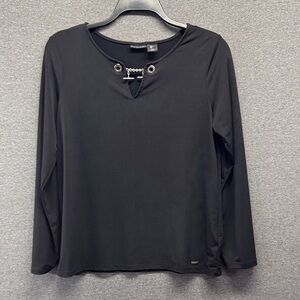 Tahari Black Long Sleeve Top with Eyelet Detail Size L